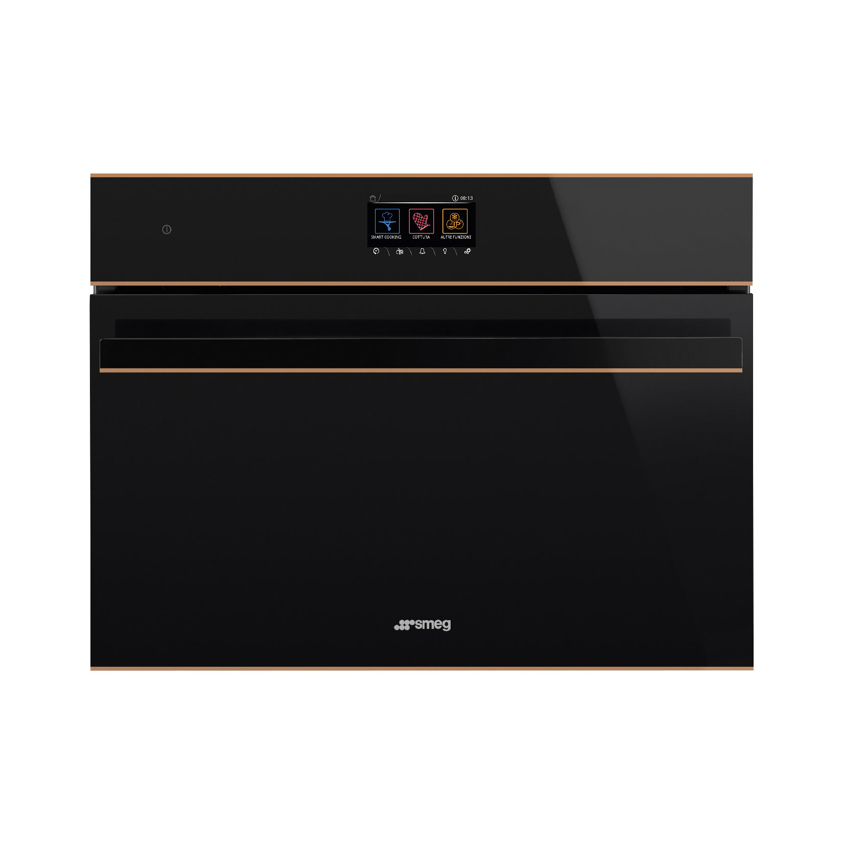 Smeg Kompakt kombinált pirolitikus gőzsütő, Dolce Stil Novo design, Galileo, 45 cm, nagy TFT, fekete üveg, réz dísz