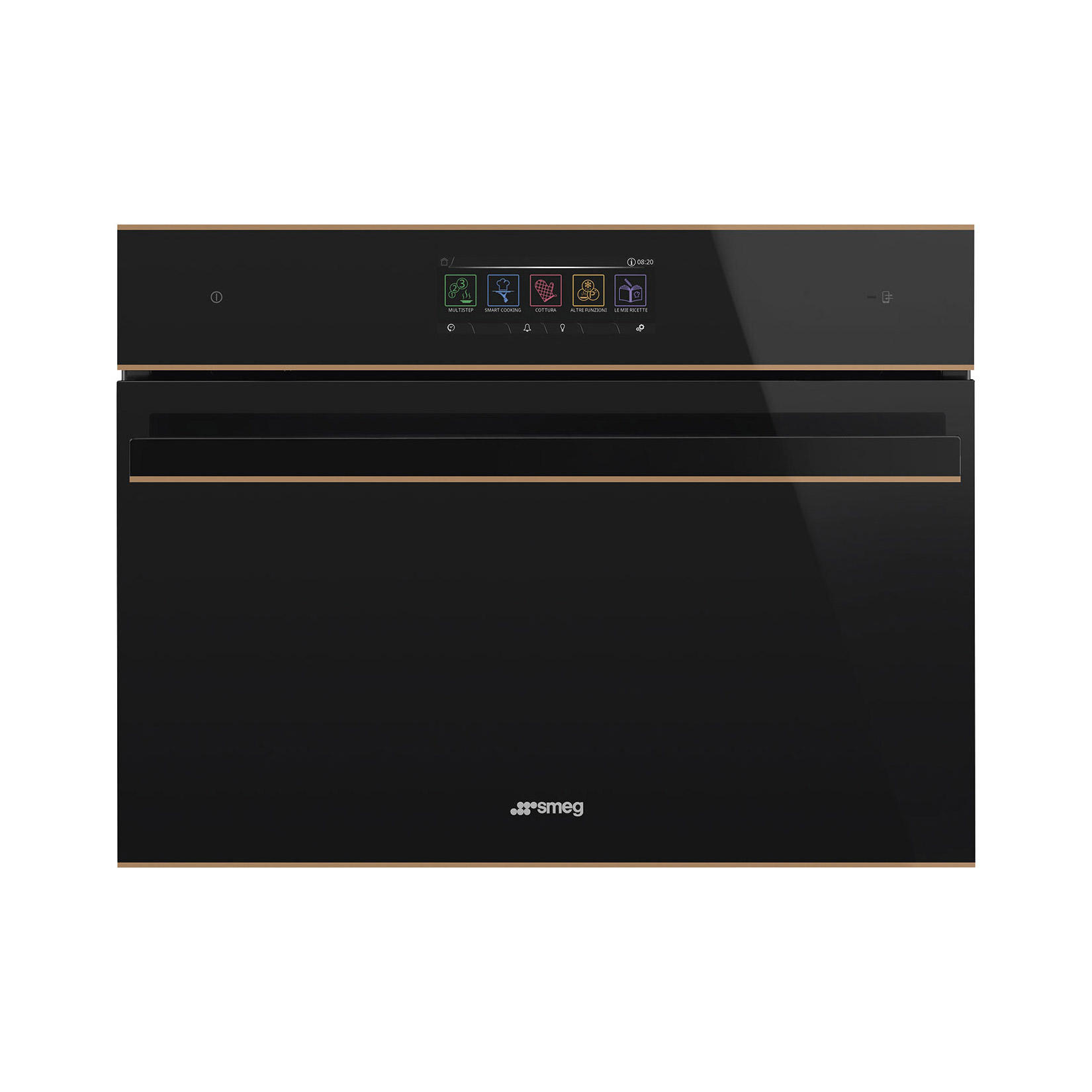 Smeg Kompakt kombinált pirolitikus gőzsütő, Dolce Stil Novo design, Galileo, 45 cm, nagy TFT, fekete üveg, réz dísz