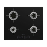 SMEG gáz főzőlap, Dolce Stil Novo design, 60 cm, 4 blade-flame égő, rm.acél edénytartók titánium bevonattal, fekete üvegkerámia