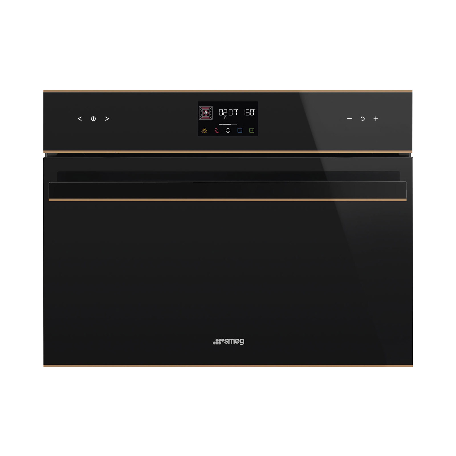 Smeg Kompakt kombinált mikrohullámú sütő, Dolce Stil Novo design, Galileo, 45 cm, ES LCD, fekete üveg, réz dísz