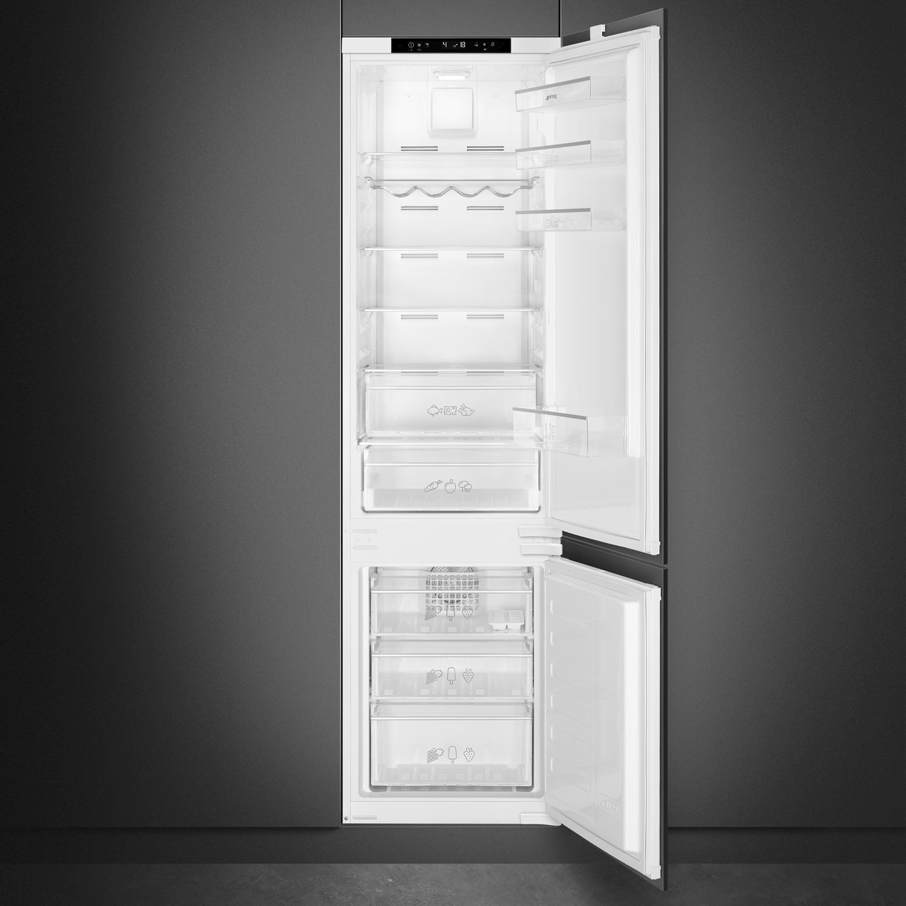 Smeg Beépíthető hűtő és fagyasztó, Universal design, 54x177,5 cm, fordítható ajtó, ezüst színű logo, fehér