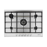 SMEG gáz főzőlap, Selezione design, 70 cm, 4 normál+1 4,2 kW-os WOK égő, öntöttvas edénytartó, ujjlenyomatm.rm.acél, ezüst gombok